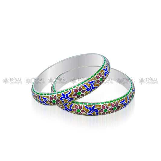 925 sterling meenakari style work designer bangle bracelet pure silver gifting jewelry, brides made bangles ba424 - TRIBAL ORNAMENTS