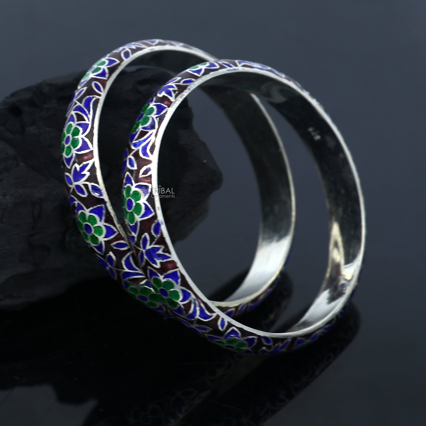 Sterling silver Meenakari style bangle bracelet with intricate designer work, perfect for gifting or bridal jewelry.