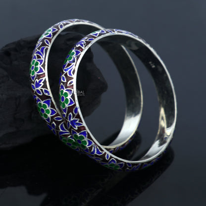 Sterling silver Meenakari style bangle bracelet with intricate designer work, perfect for gifting or bridal jewelry.