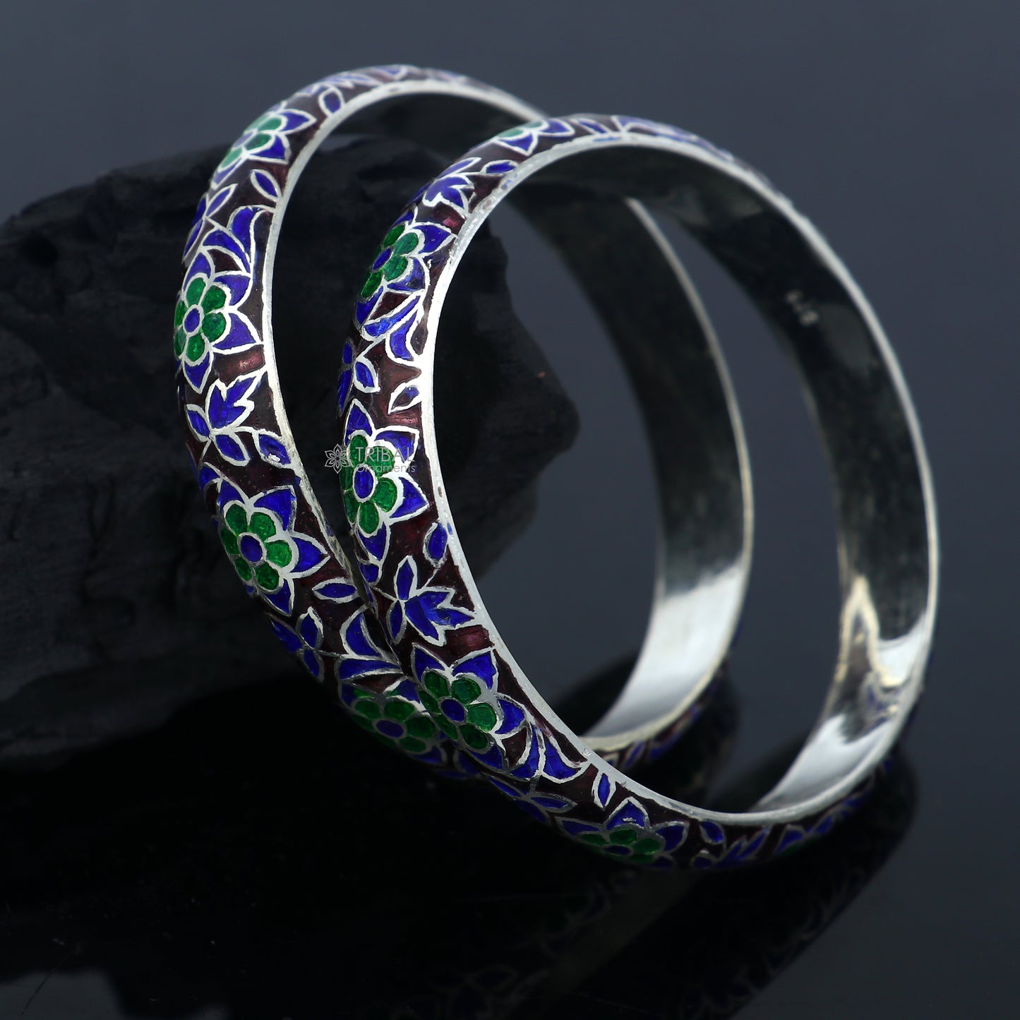 925 sterling silver bangle bracelet with colorful meenakari design by TRIBAL ORNAMENTS, traditional jewelry for gifting or brides.