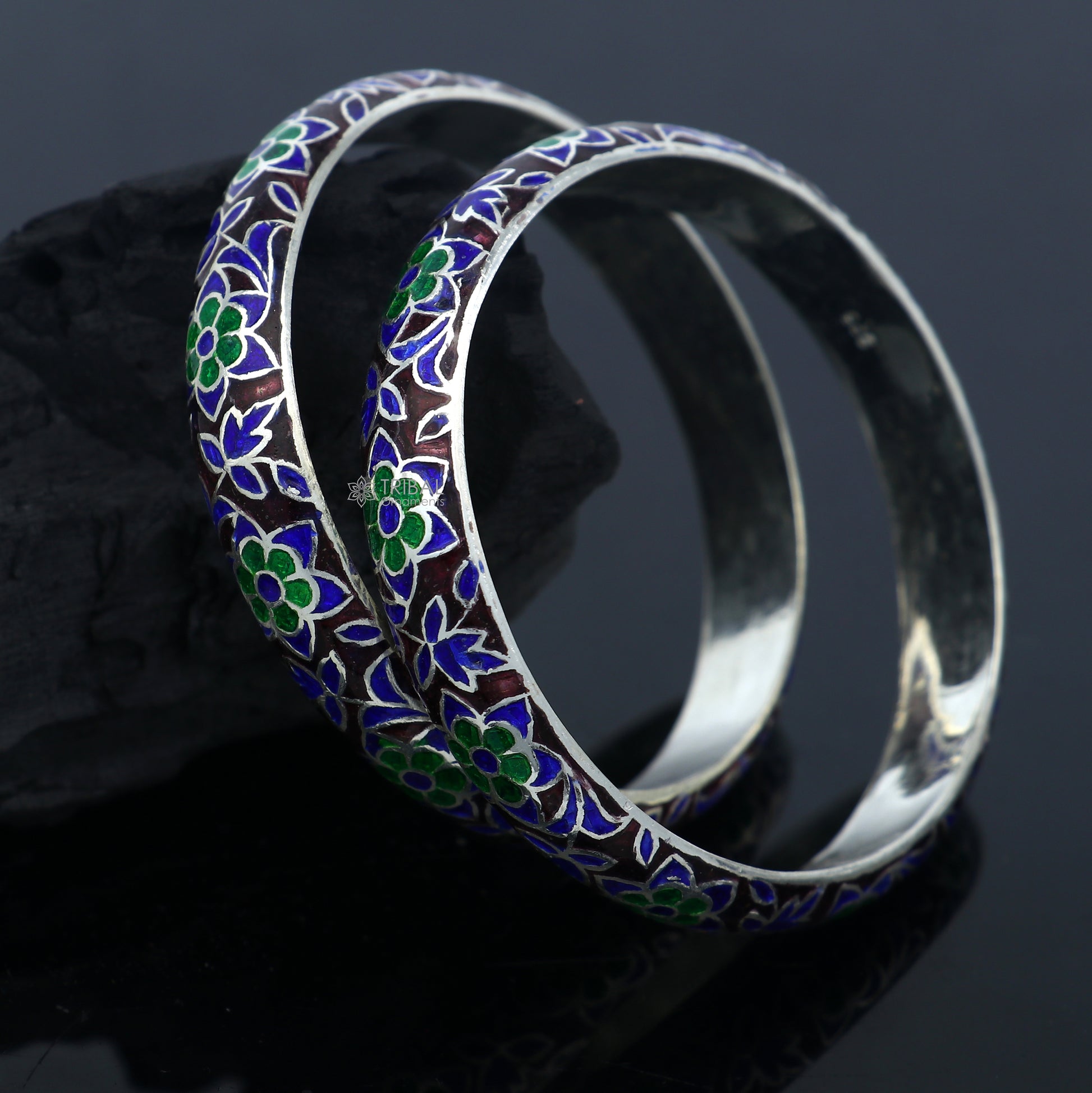 925 sterling silver bangle bracelet with colorful meenakari design by TRIBAL ORNAMENTS, traditional jewelry for gifting or brides.