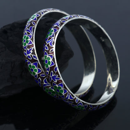 925 sterling silver bangle bracelet with colorful meenakari design by TRIBAL ORNAMENTS, traditional jewelry for gifting or brides.