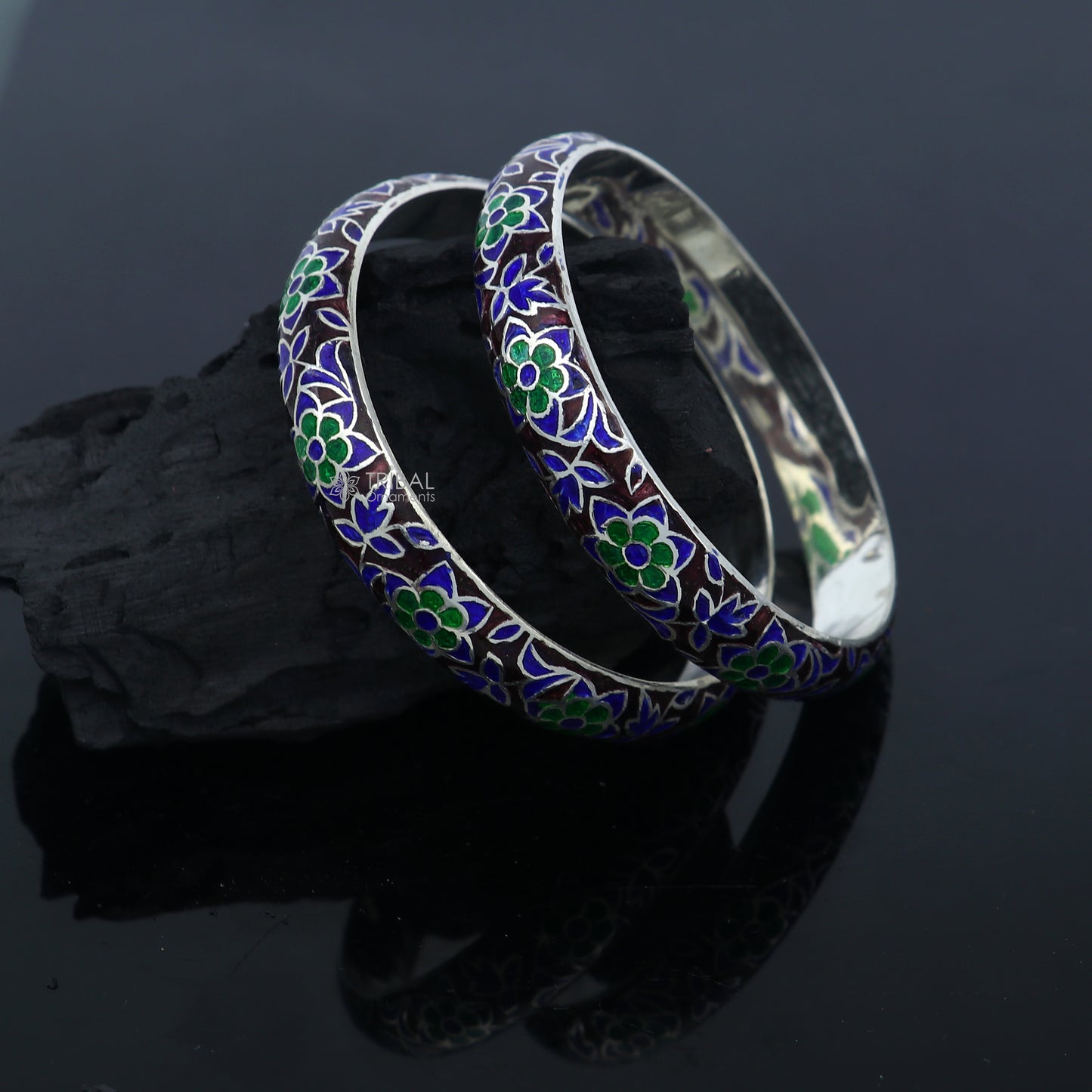 Sterling silver Meenakari style designer bangle bracelet with intricate work, ideal for gifting or bridal jewelry by TRIBAL ORNAMENTS.