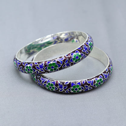 Sterling silver meenakari style designer bangle bracelet featuring intricate work, perfect for gifting or bridal jewelry.