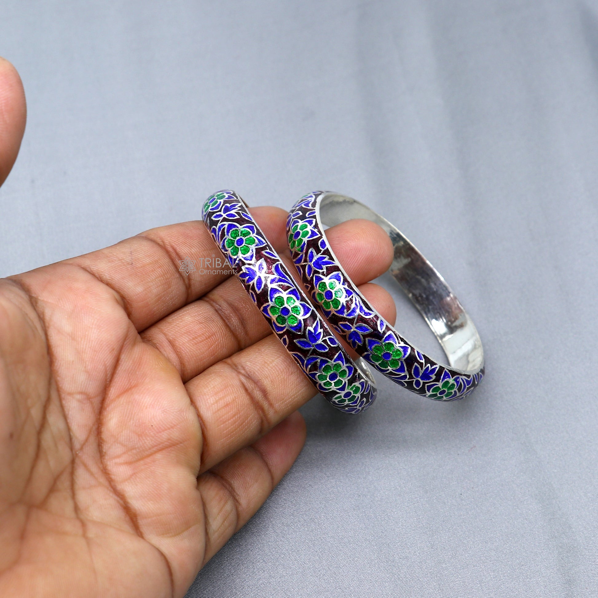 Sterling silver Meenakari style designer bangle bracelet with intricate work, crafted by TRIBAL ORNAMENTS, perfect for gifting or bridal jewelry.