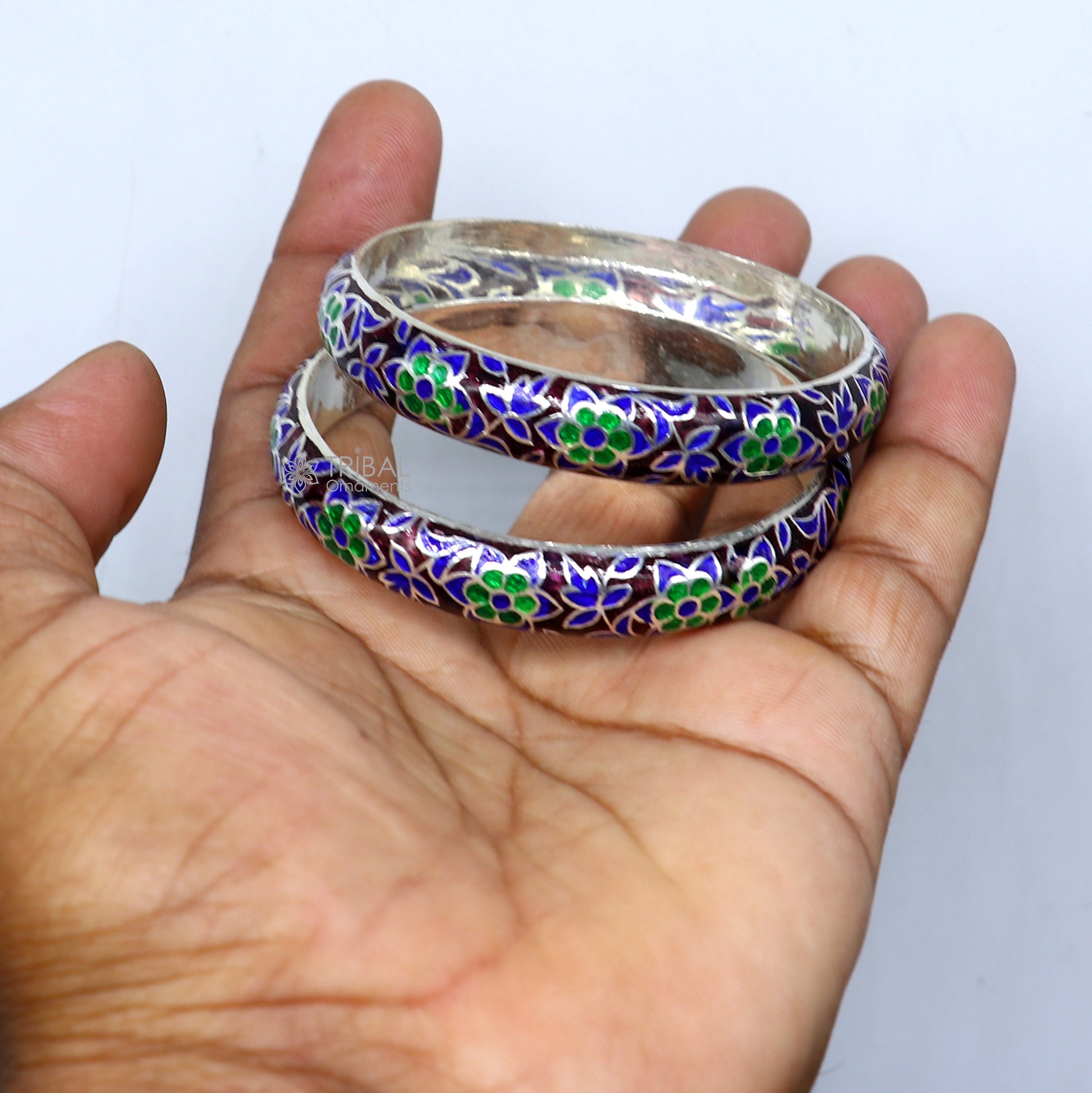 925 sterling silver bangle bracelet with meenakari style work, designer jewelry from TRIBAL ORNAMENTS.