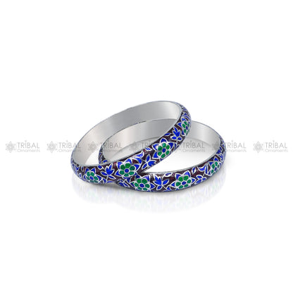 Sterling silver Meenakari style designer bangle bracelet with intricate work, ideal for gifting or bridal jewelry.