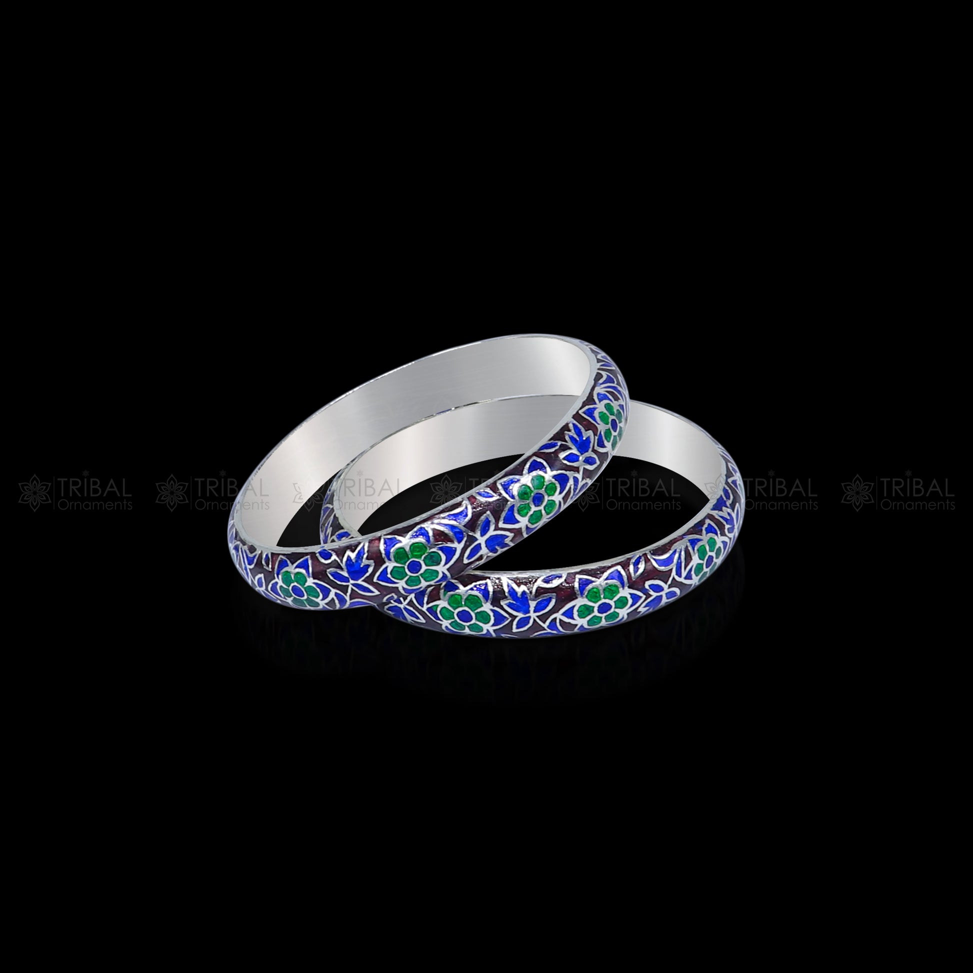 Sterling silver Meenakari style designer bangle bracelet with intricate work, crafted by TRIBAL ORNAMENTS, perfect for gifting or brides.