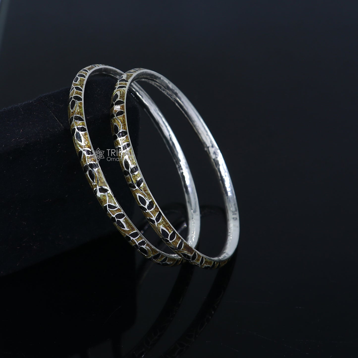 925 sterling silver bangle bracelet with intricate meenakari work, designer jewelry perfect for brides and gifting.