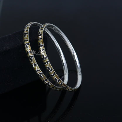 925 sterling silver bangle bracelet with intricate meenakari work, designer jewelry perfect for brides and gifting.