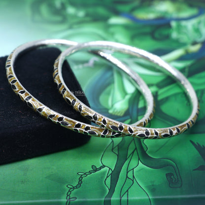 Sterling silver Meenakari work designer bangle bracelet with intricate patterns, ideal for gifting or bridal jewelry by TRIBAL ORNAMENTS.