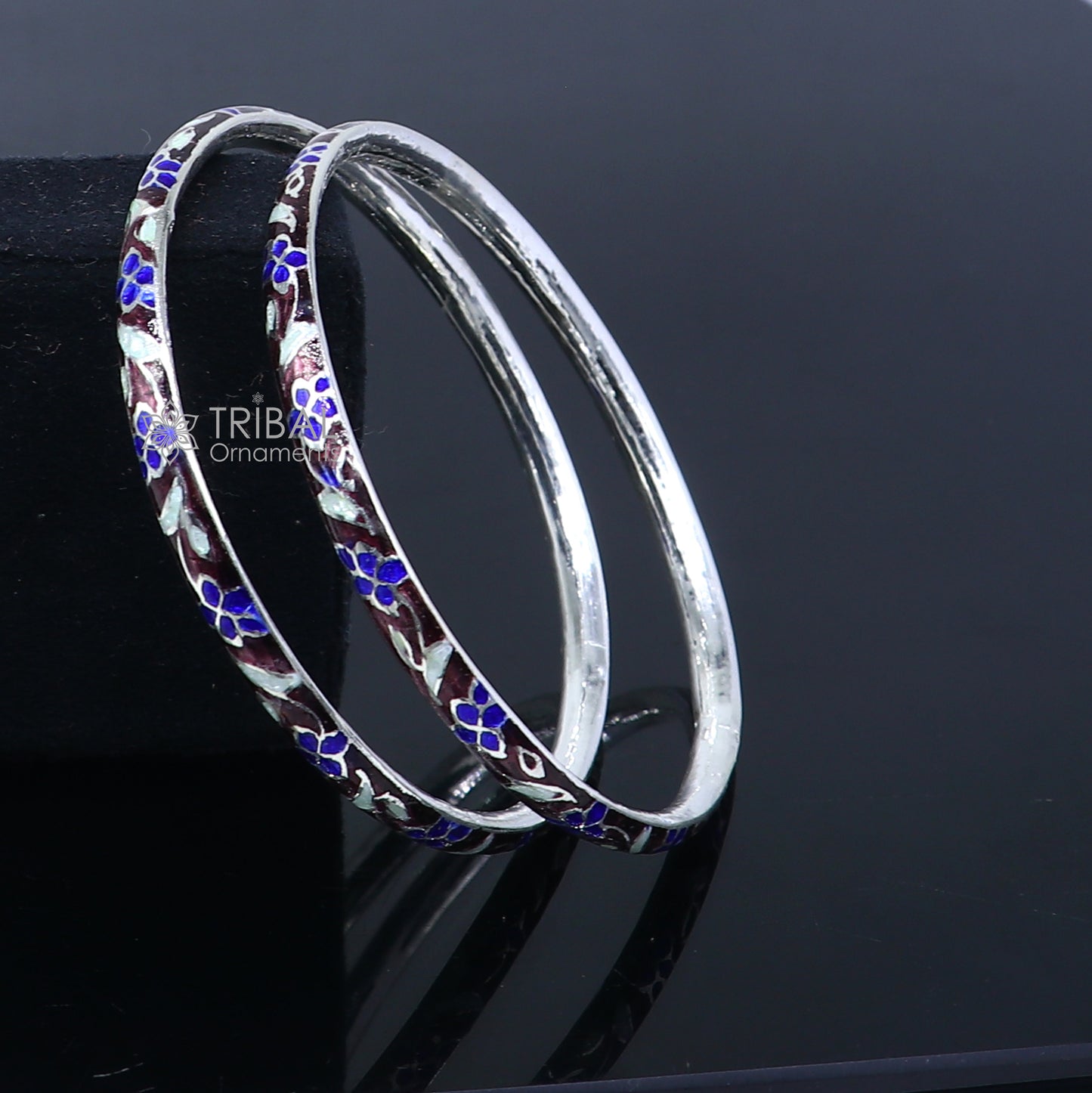 925 sterling silver bangle bracelet with intricate meenakari work, designer jewelry perfect for brides and gifting.