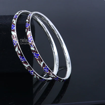 925 sterling silver bangle bracelet featuring intricate meenakari work, designer jewelry perfect for brides and gifting.