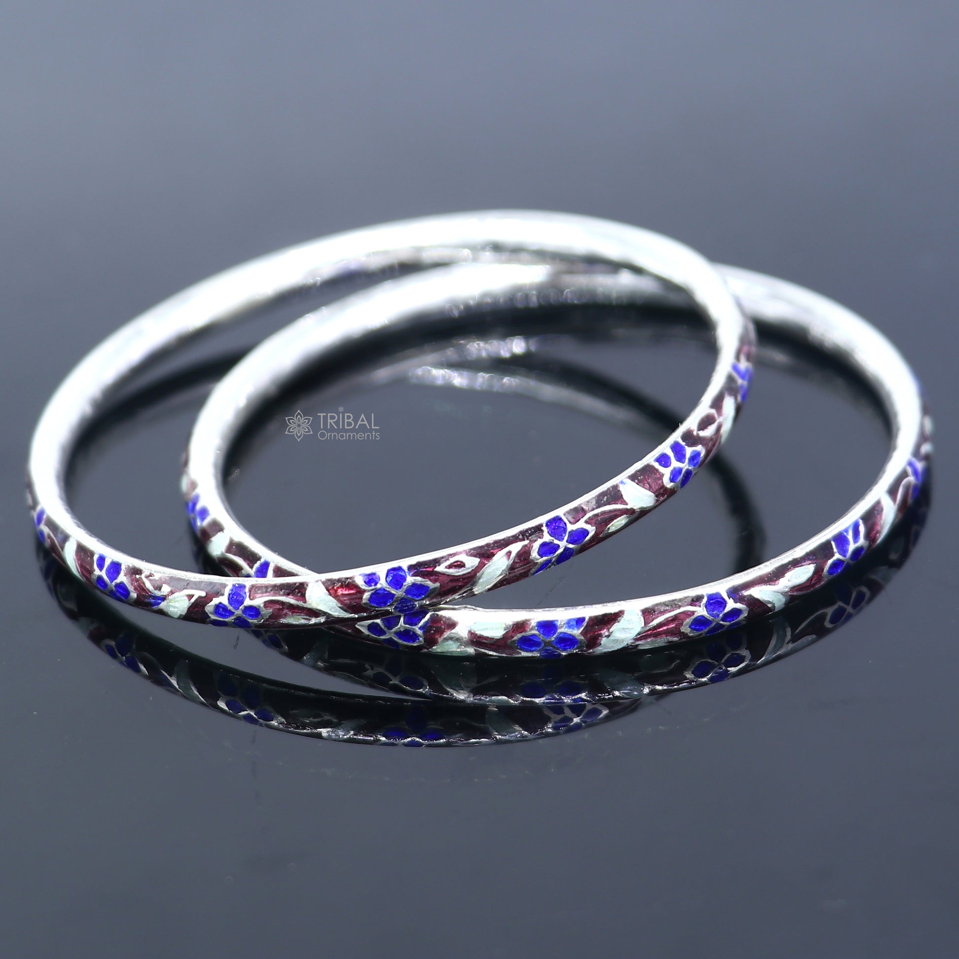 Sterling silver Meenakari work designer bangle bracelet by TRIBAL ORNAMENTS, featuring colorful patterns, perfect for brides or gifting.