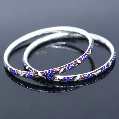 Sterling silver Meenakari work designer bangle bracelet by TRIBAL ORNAMENTS, featuring colorful patterns, perfect for brides or gifting.