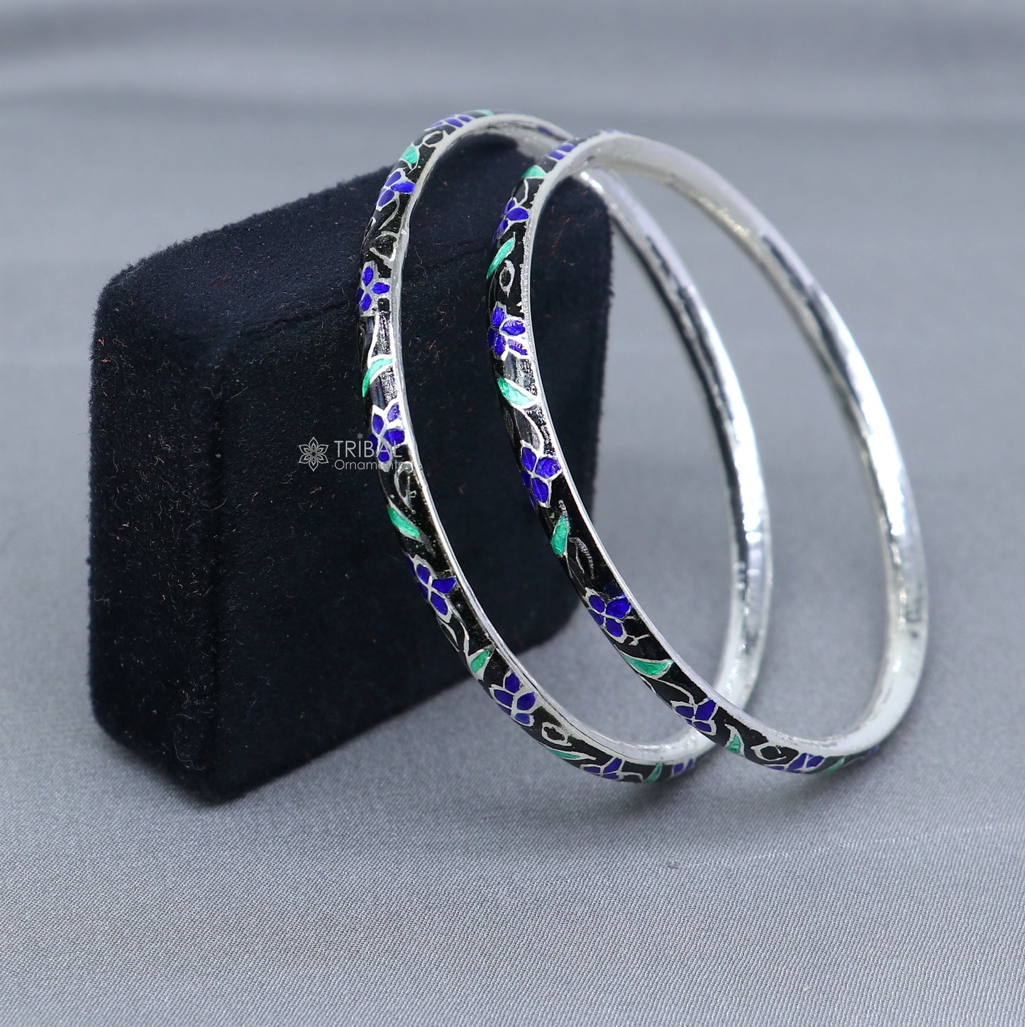 Sterling silver Meenakari work designer bangle bracelet by TRIBAL ORNAMENTS, featuring intricate jewelry for brides and gifting.