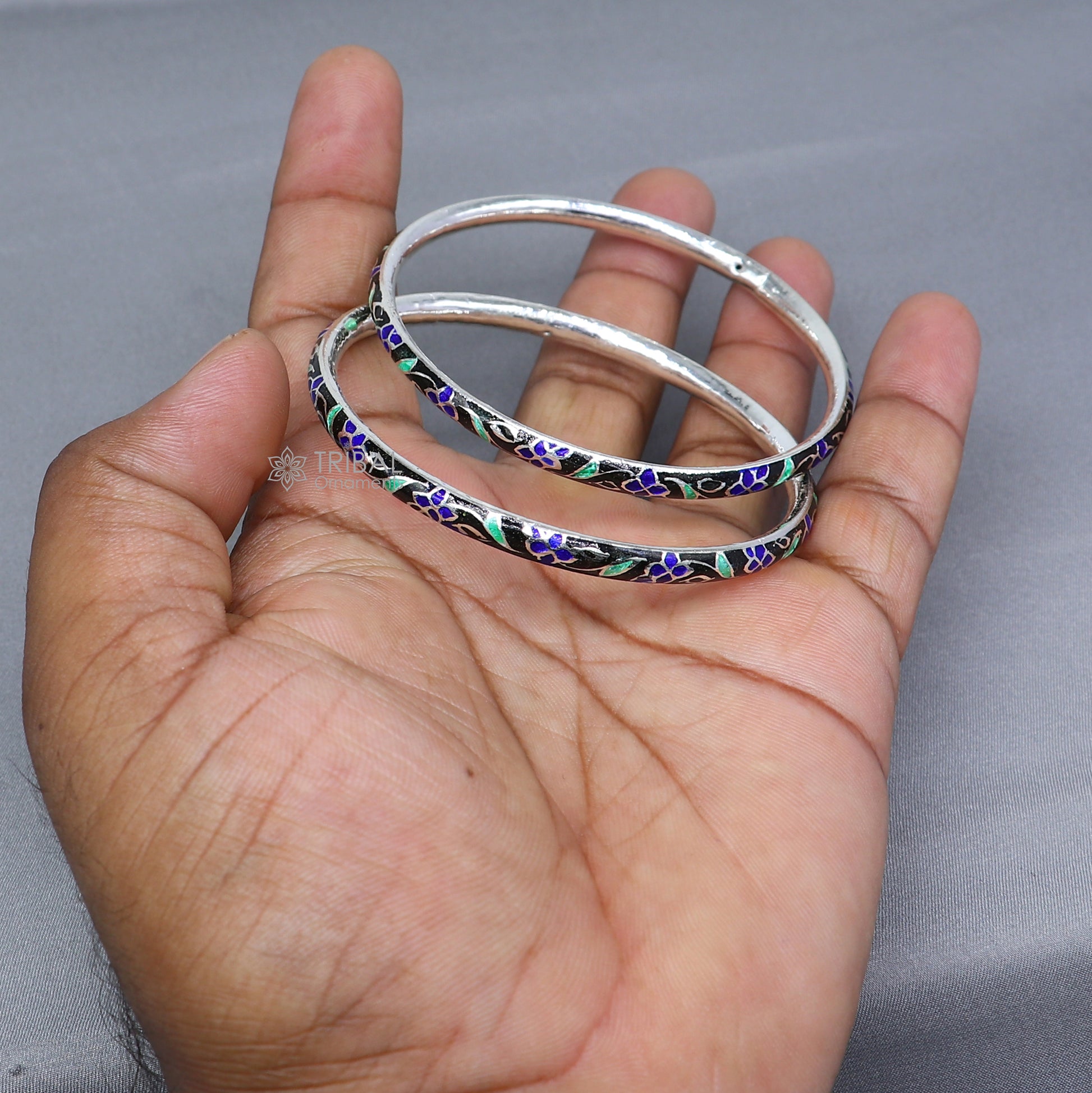 925 sterling silver meenakari designer bangle bracelet with intricate work, perfect for bridal jewelry and gifting by TRIBAL ORNAMENTS.