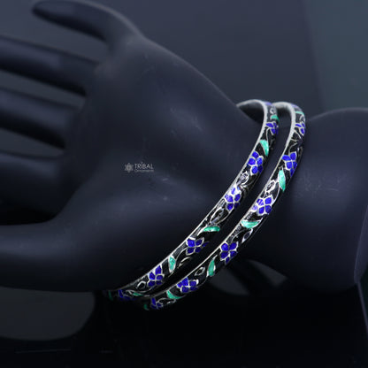 925 sterling silver meenakari work designer bangle bracelet with intricate patterns, perfect for gifting or bridal jewelry.