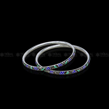 Sterling silver meenakari work designer bangle bracelet by TRIBAL ORNAMENTS, featuring intricate jewelry for brides and gifting.