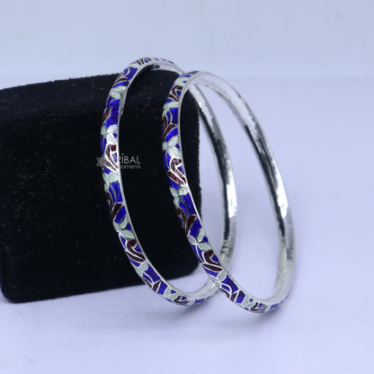 925 sterling silver bangle bracelet with intricate meenakari work, designer jewelry by TRIBAL ORNAMENTS, perfect for gifting and brides.