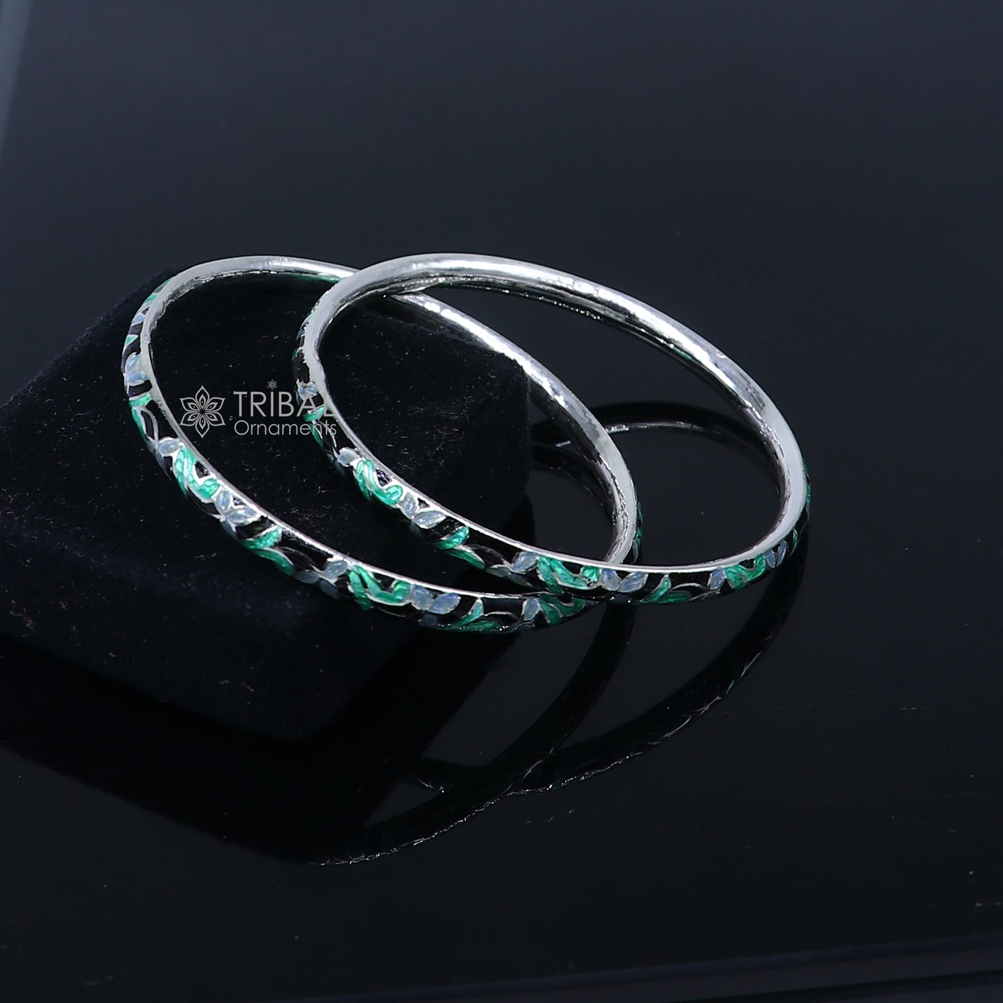 925 sterling silver bangle bracelet with intricate meenakari work, designer jewelry by TRIBAL ORNAMENTS, perfect for gifting or brides.