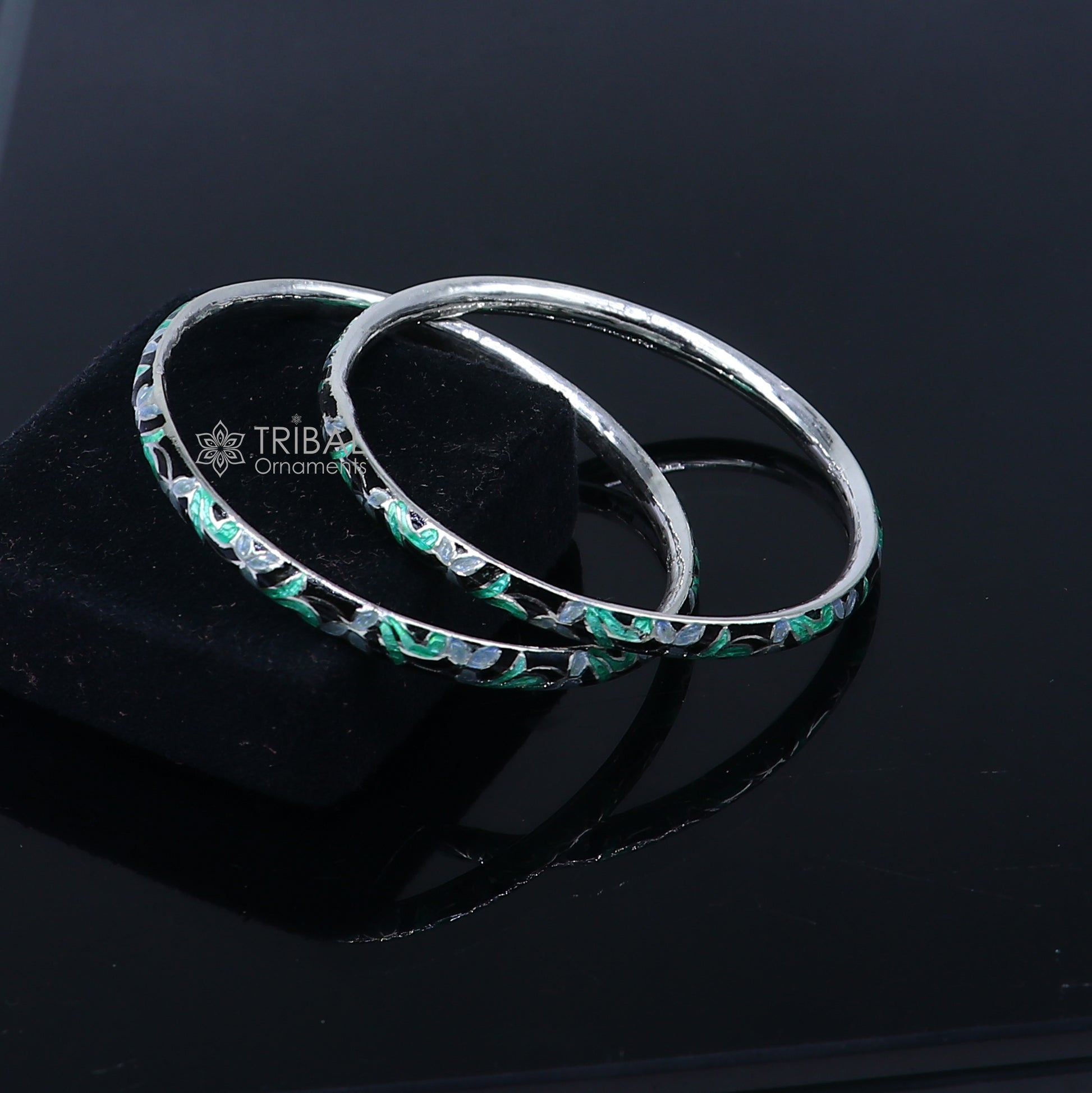 925 sterling silver bangle bracelet with intricate meenakari work, designer jewelry by TRIBAL ORNAMENTS, perfect for gifting or brides.