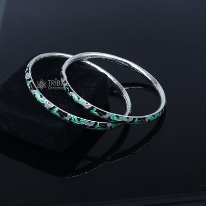 925 sterling silver bangle bracelet with intricate meenakari work, designer jewelry by TRIBAL ORNAMENTS, perfect for gifting or brides.