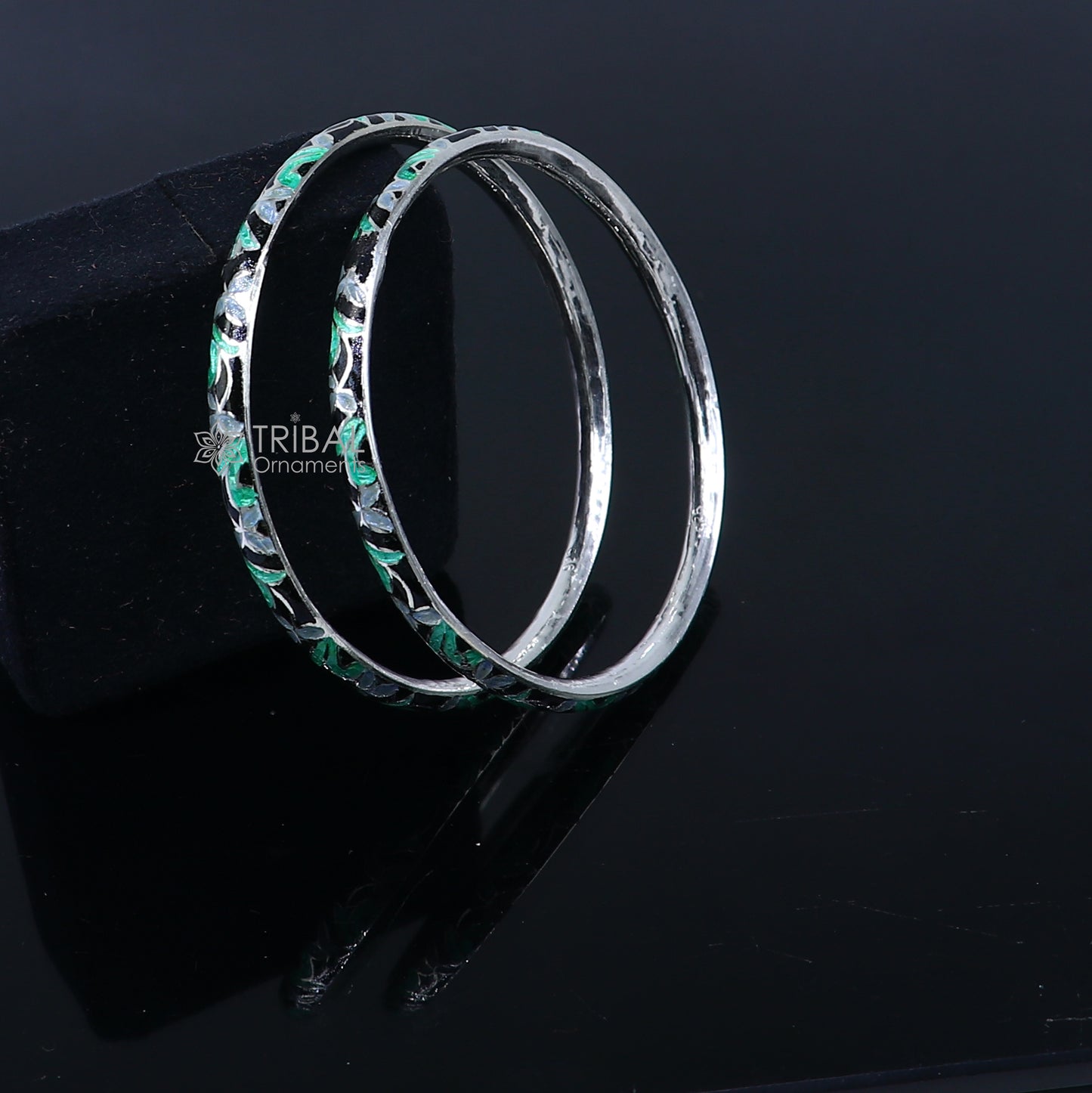 Sterling silver Meenakari work designer bangle bracelet by TRIBAL ORNAMENTS, traditional Indian jewelry for women.