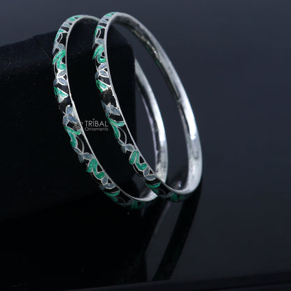 925 sterling silver bangle bracelet with intricate meenakari work, designer jewelry by TRIBAL ORNAMENTS, perfect for gifting or brides.