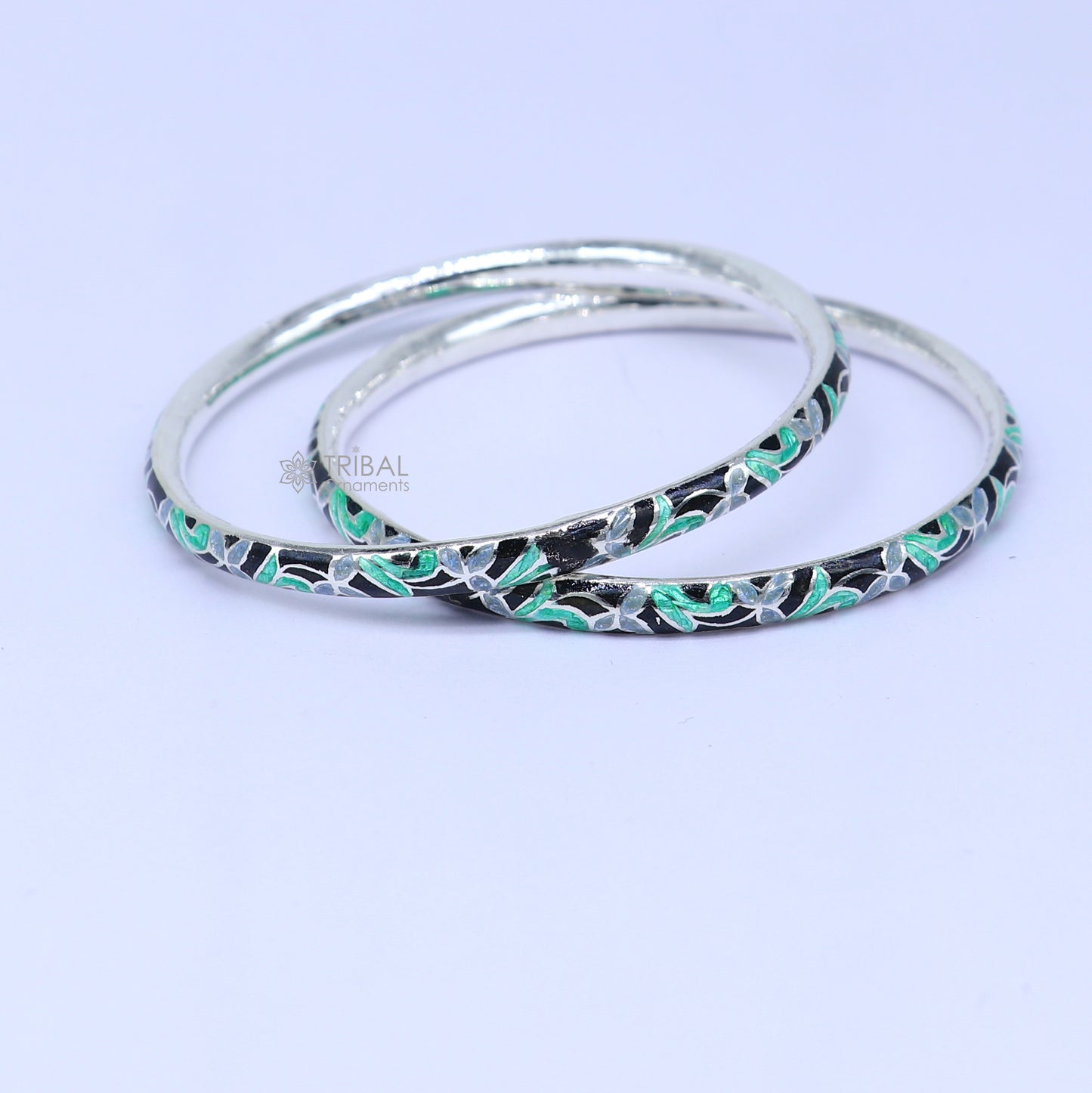 Sterling silver Meenakari work designer bangle bracelet by TRIBAL ORNAMENTS, featuring intricate colorful patterns, perfect for gifting or brides.