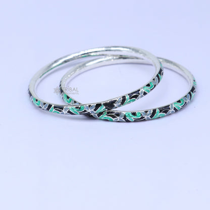 Sterling silver Meenakari work designer bangle bracelet by TRIBAL ORNAMENTS, featuring intricate colorful patterns, perfect for gifting or brides.