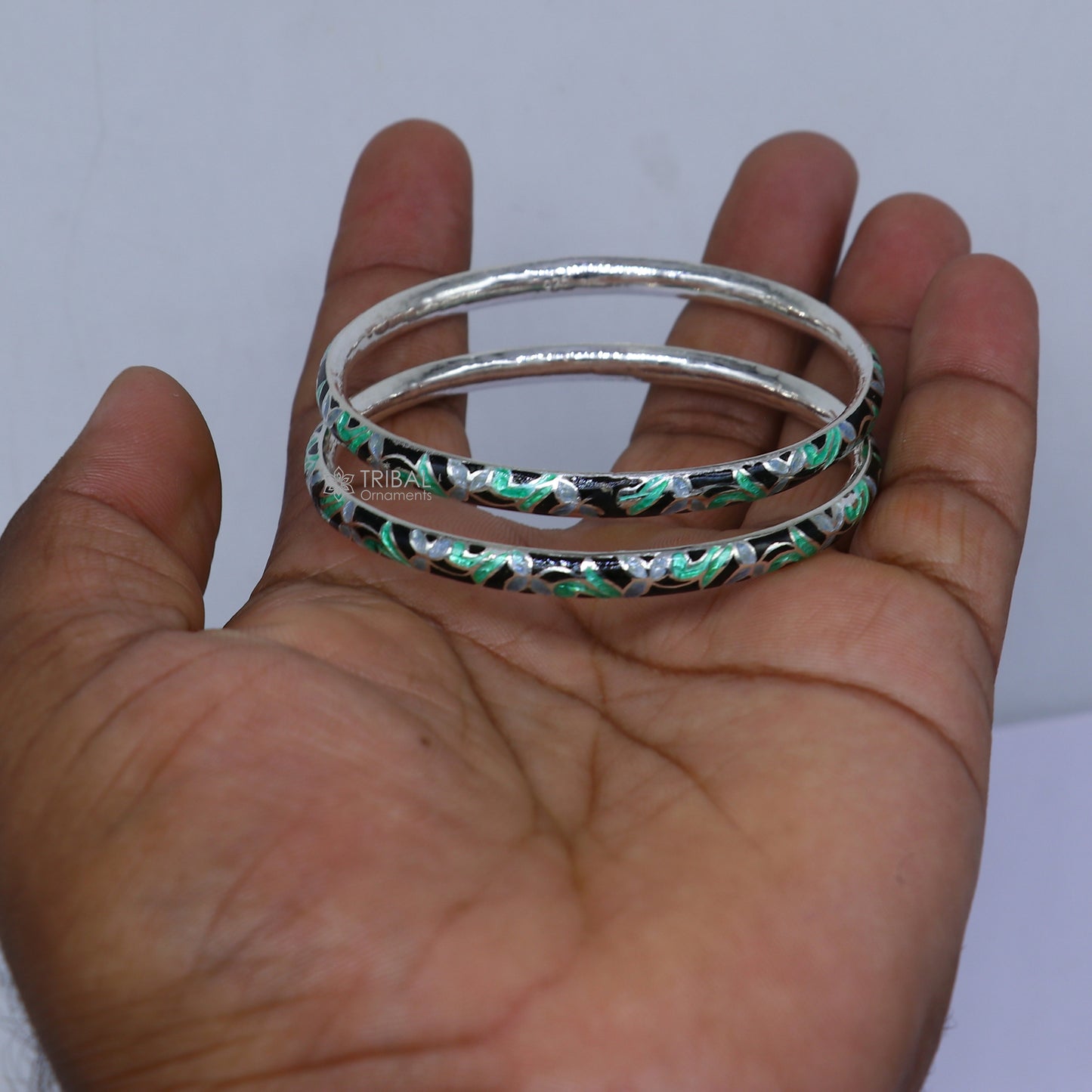 Sterling silver meenakari work bangle bracelet by TRIBAL ORNAMENTS, featuring intricate design, perfect for gifting or bridal jewelry.