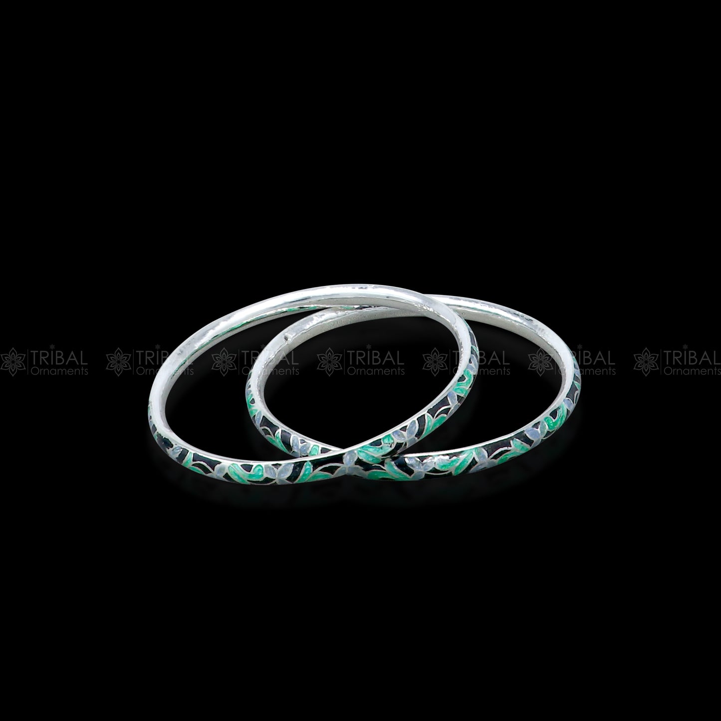 Sterling silver Meenakari work designer bangle bracelet by TRIBAL ORNAMENTS, showcasing intricate jewelry craftsmanship.