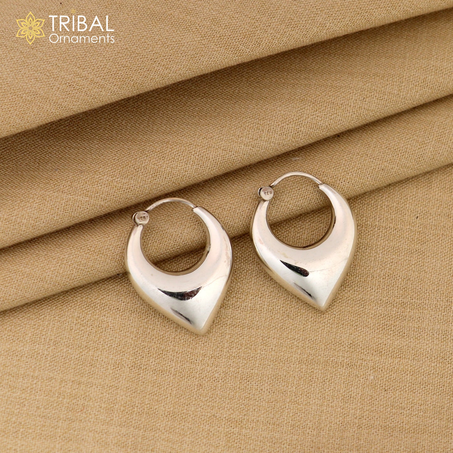 Sterling silver handmade vintage unisex hoop earrings with ethnic tribal design, crafted by TRIBAL ORNAMENTS.