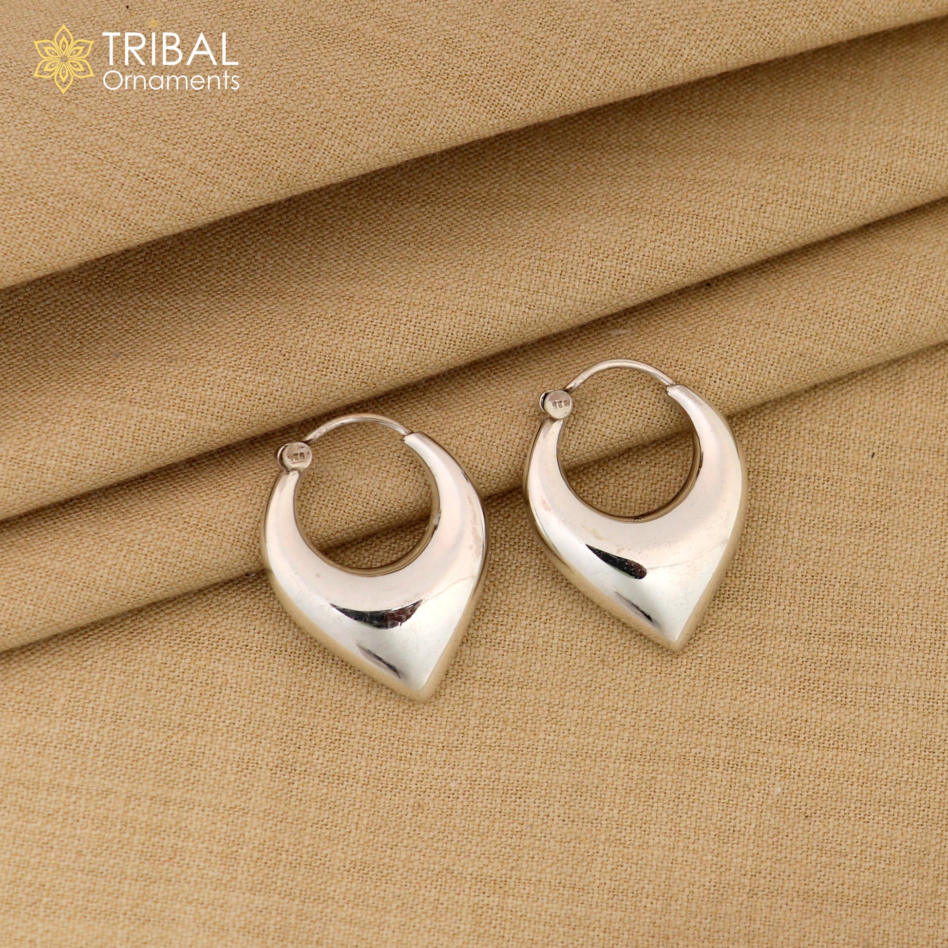 Sterling silver handmade vintage unisex hoop earrings with ethnic tribal design, crafted by TRIBAL ORNAMENTS.