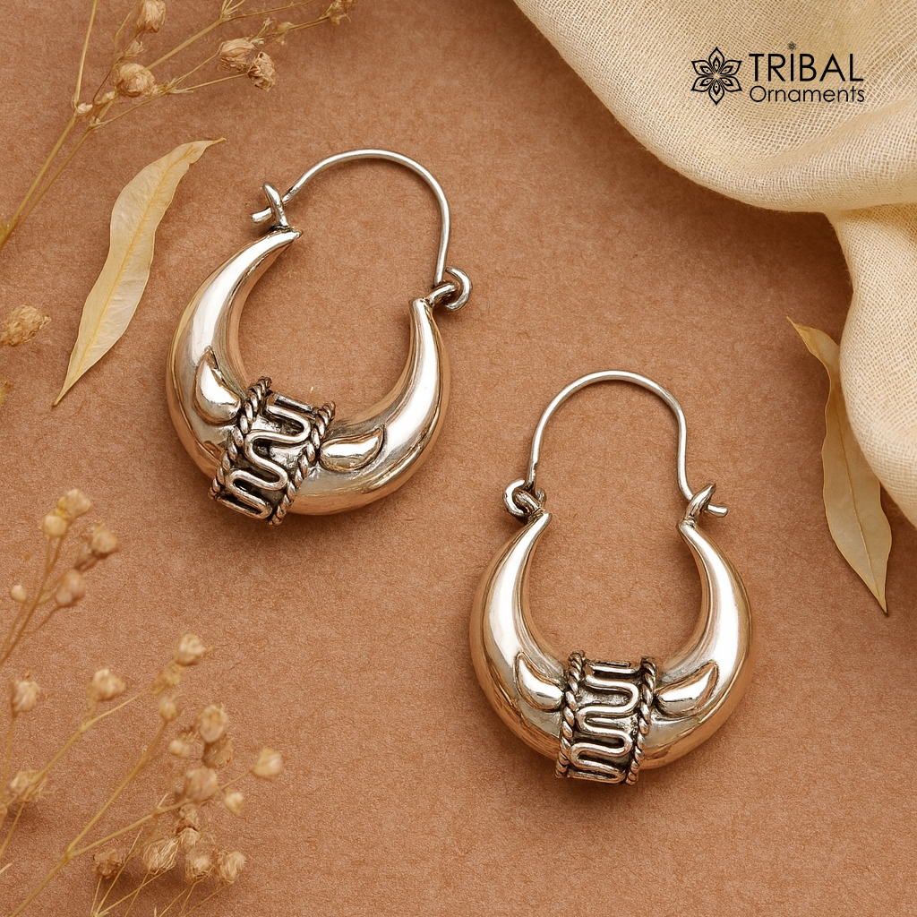 925 sterling pure silver handmade vintage style fabulous unisex hoops earrings kundal, ethnic bali tribal jewelry from india s586 - TRIBAL ORNAMENTS