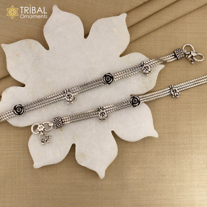 Sterling silver 10.5-inch customized ankle chain anklet by TRIBAL ORNAMENTS, personalized foot jewelry for dance and everyday wear.