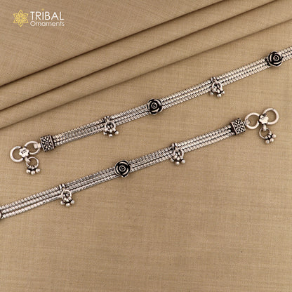 Sterling silver 10.5-inch customized anklet chain from TRIBAL ORNAMENTS, personalized foot jewelry for belly dance and ankle adornment.
