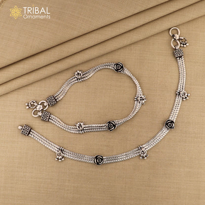 Sterling silver 10.5-inch customized anklet chain from TRIBAL ORNAMENTS, personalized foot jewelry for belly dance and ankle decoration.