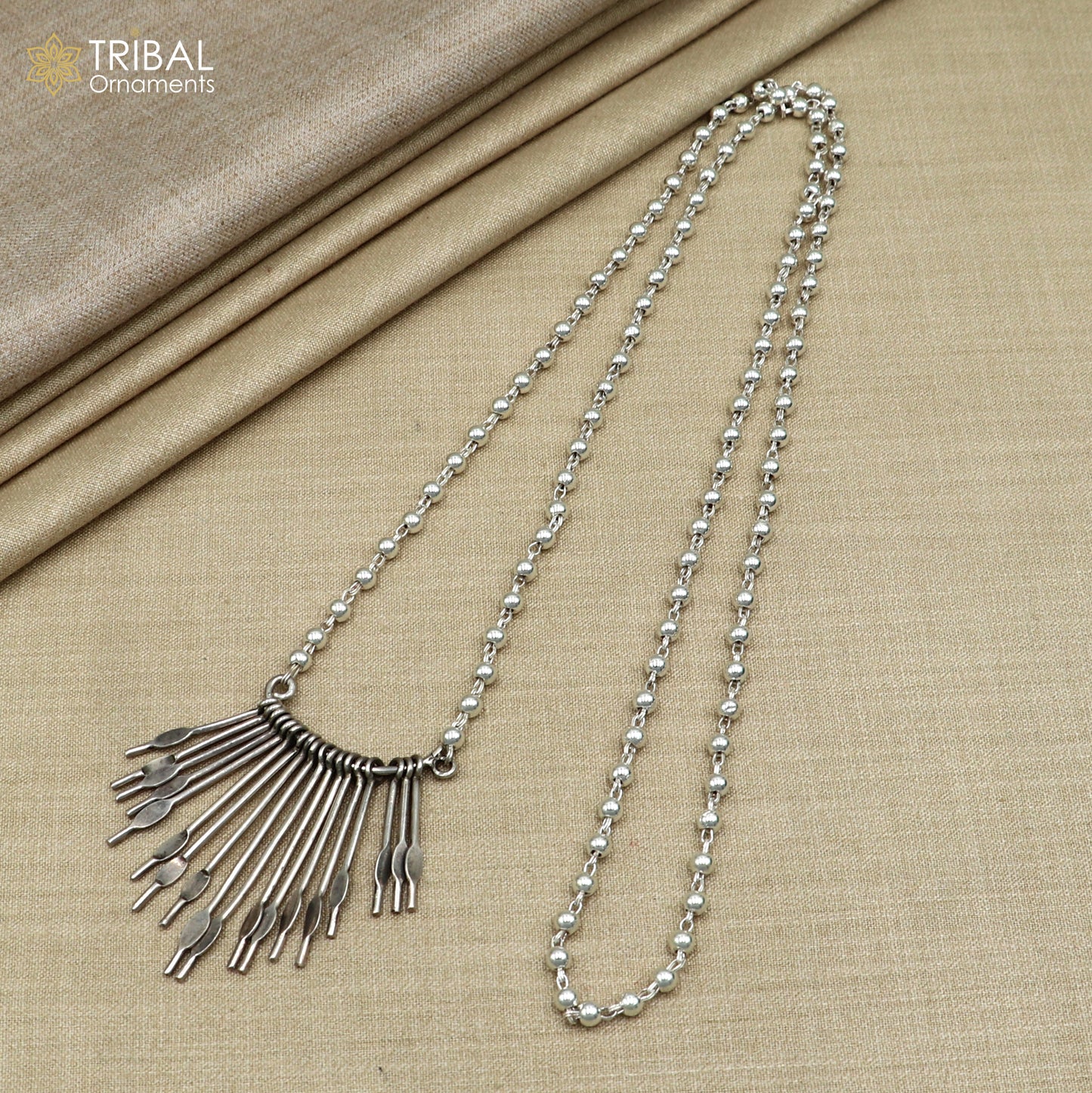 925 sterling silver 26 inches beaded chain with silver stick design ethnic long necklace tribal jewelry set726 - TRIBAL ORNAMENTS