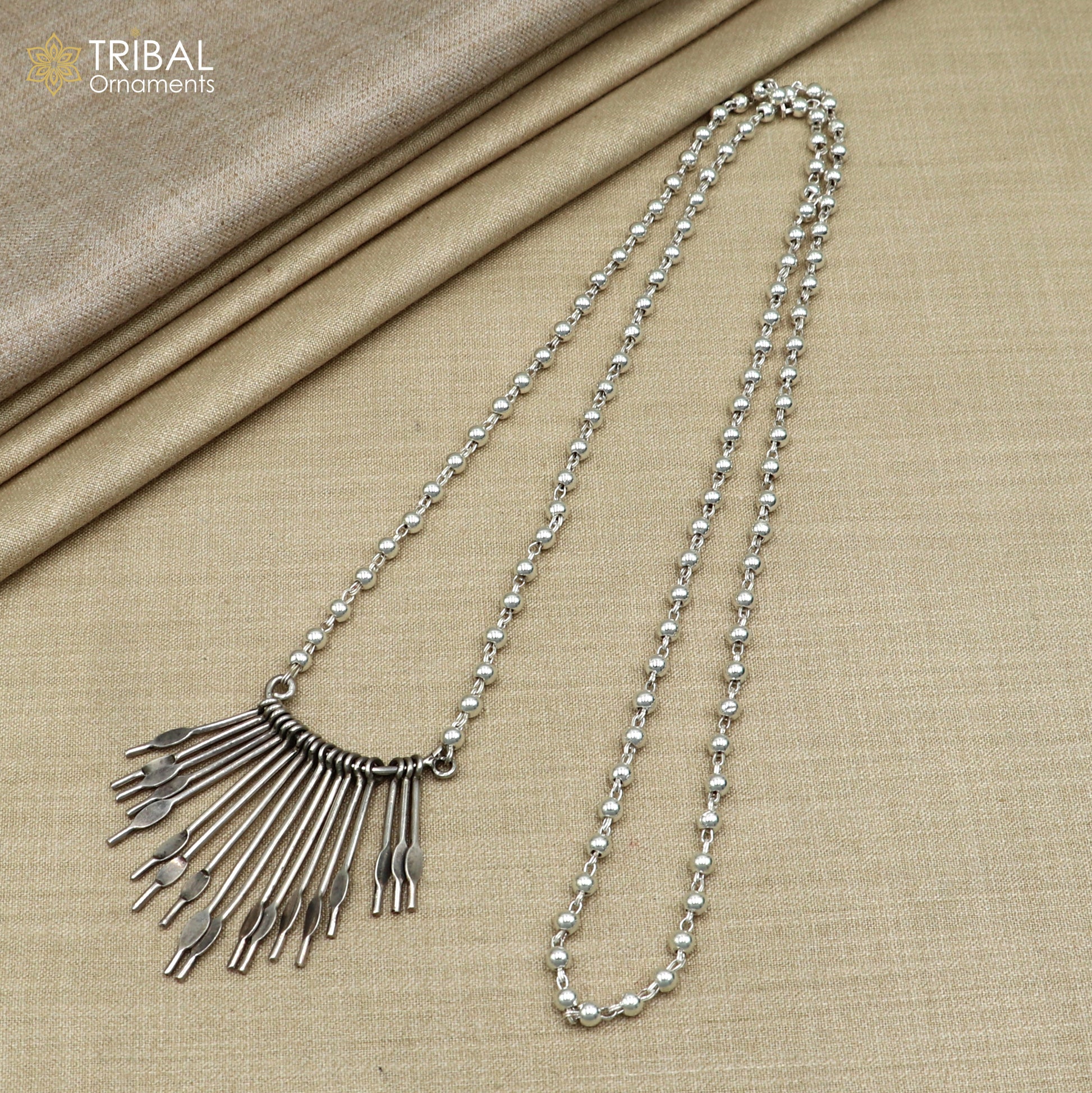 925 sterling silver 26 inches beaded chain with silver stick design ethnic long necklace tribal jewelry set726 - TRIBAL ORNAMENTS