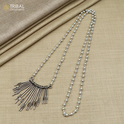 925 sterling silver 26 inches beaded chain with silver stick design ethnic long necklace tribal jewelry set726 - TRIBAL ORNAMENTS