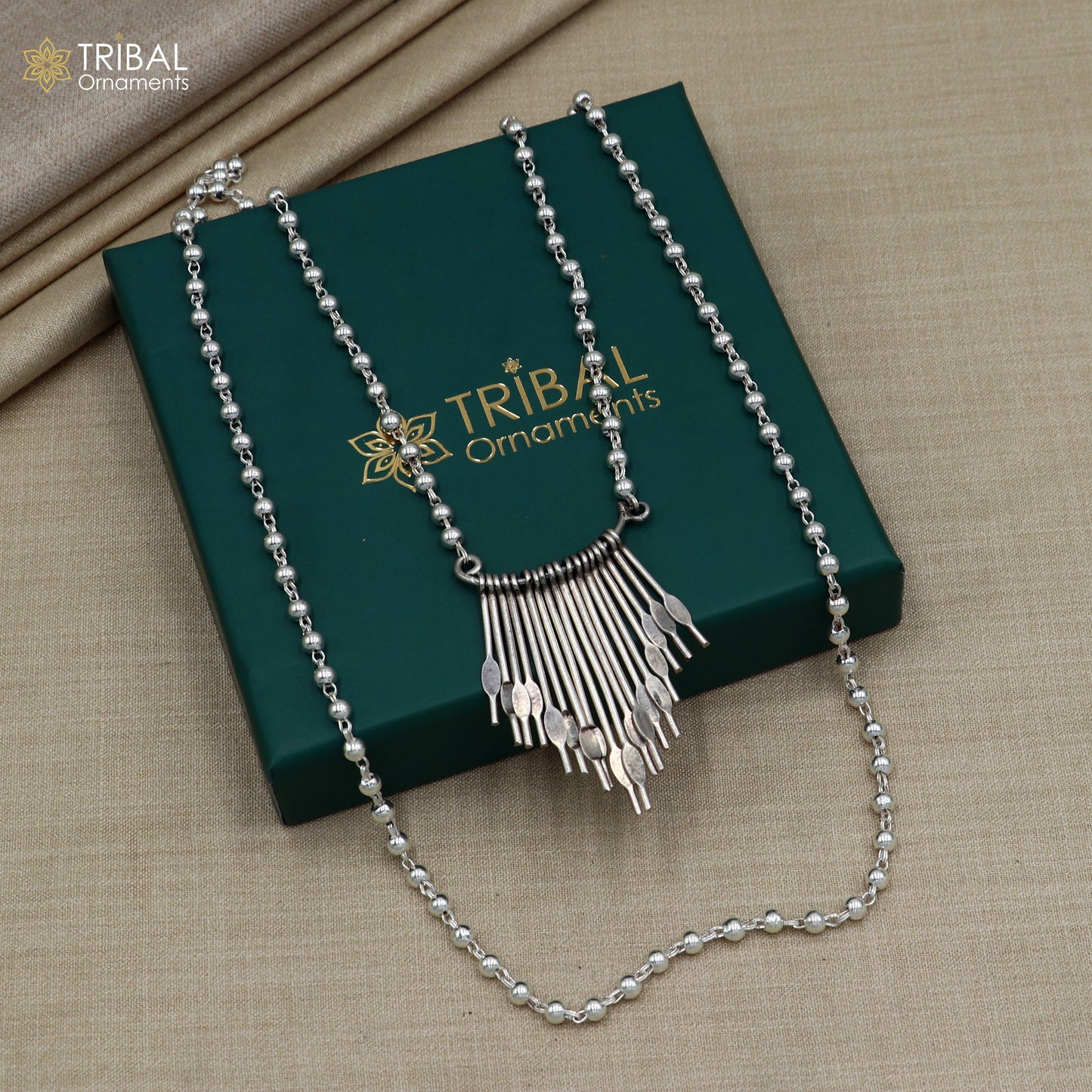 925 sterling silver 26 inches beaded chain with silver stick design ethnic long necklace tribal jewelry set726 - TRIBAL ORNAMENTS