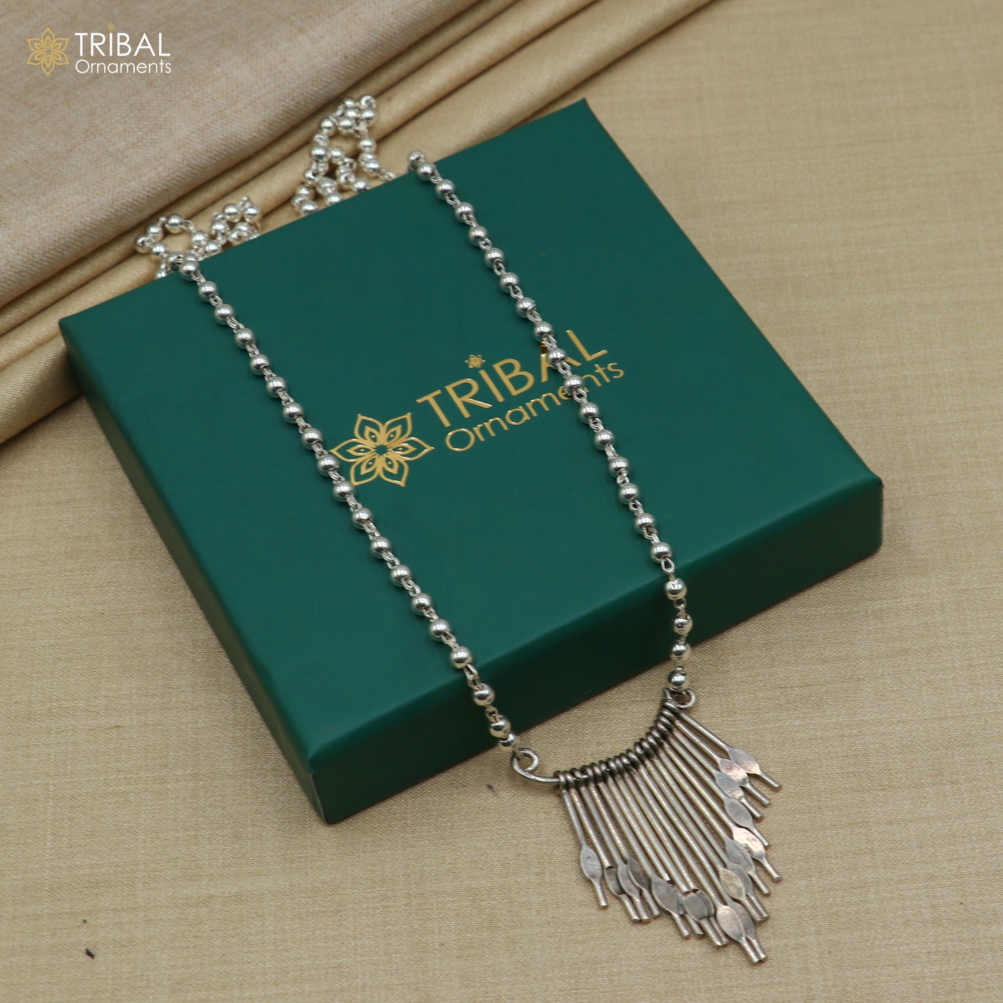 925 sterling silver 26 inches beaded chain with silver stick design ethnic long necklace tribal jewelry set726 - TRIBAL ORNAMENTS