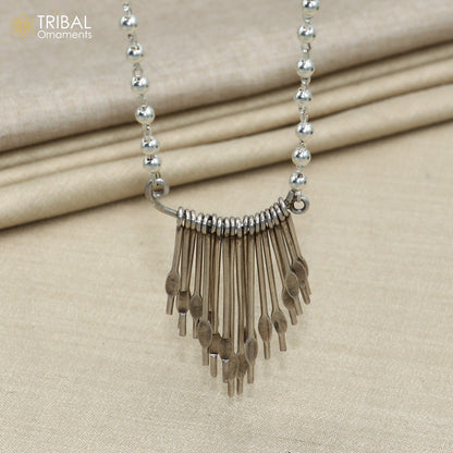 925 sterling silver 26 inches beaded chain with silver stick design ethnic long necklace tribal jewelry set726 - TRIBAL ORNAMENTS