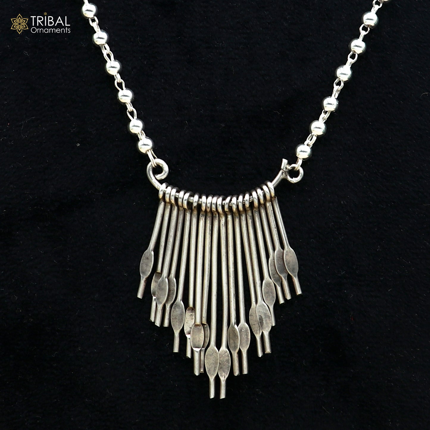 925 sterling silver 26 inches beaded chain with silver stick design ethnic long necklace tribal jewelry set726 - TRIBAL ORNAMENTS