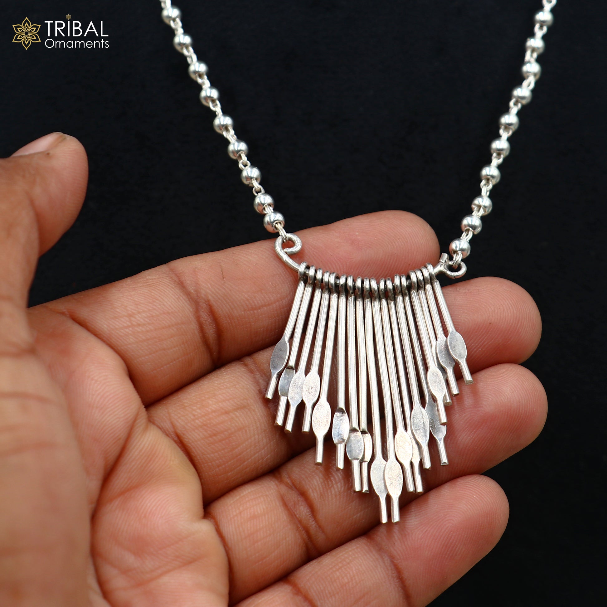 925 sterling silver 26 inches beaded chain with silver stick design ethnic long necklace tribal jewelry set726 - TRIBAL ORNAMENTS