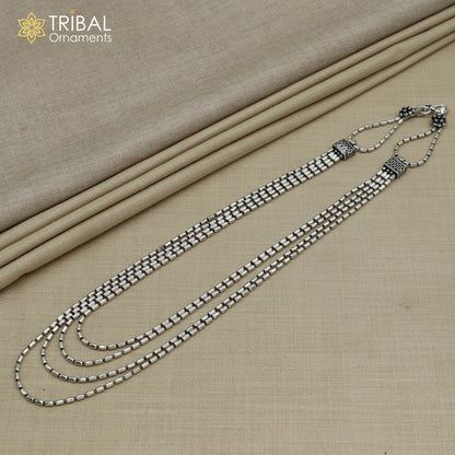 925 sterling silver tribal beaded chain necklace set with four layered lines and intricate beaded detailing, tribal jewelry style.