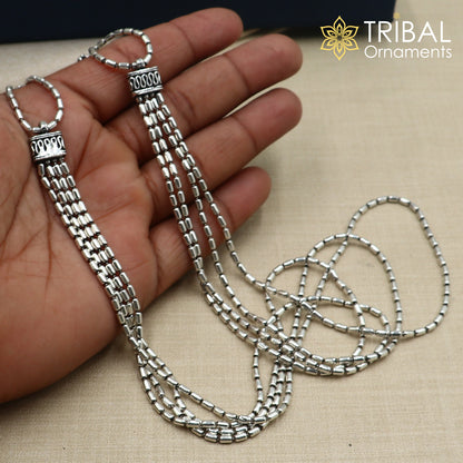 Sterling silver 4-line beaded chain necklace set from TRIBAL ORNAMENTS, featuring intricate tribal jewelry design.