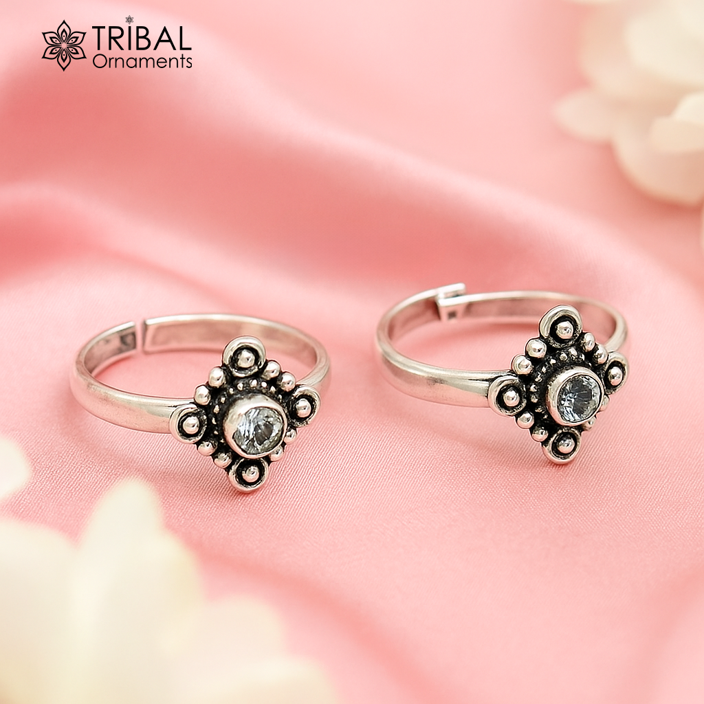925 sterling silver adjustable size toe ring band cubic zircon stone tribal belly dance ethnic cultural  jewelry from india ntr91 - TRIBAL ORNAMENTS